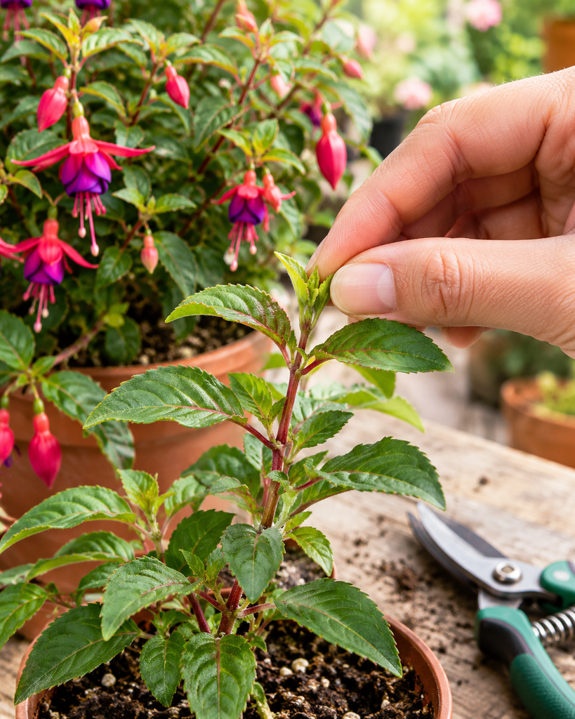 Fingertips pinching out the growing tip of a young fuchsia shoot