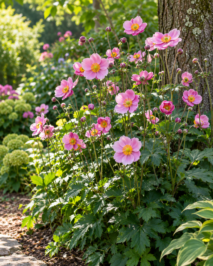 Pink Japanese anemones blooming in dappled light at the edge of a garden border