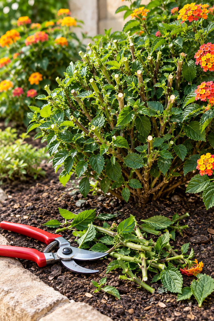 Hand pruners and a trimmed lantana stem beside a leggy lantana shrub