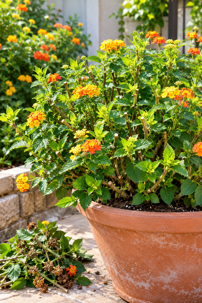 Lantana with fresh green growth and new flower clusters after trimming
