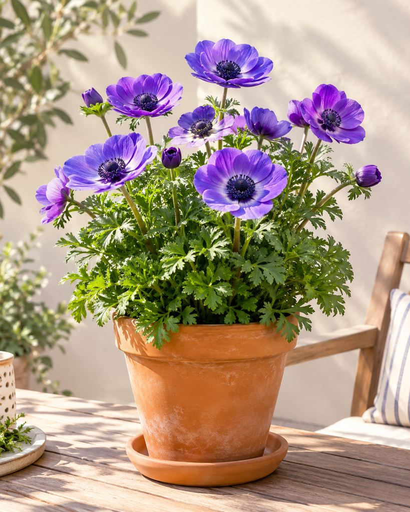 Potted poppy anemone with purple flowers on a sunny patio table