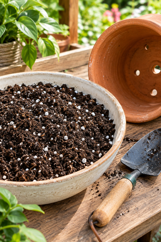 Crumbly well-draining potting mix with perlite beside a large pot with drainage holes