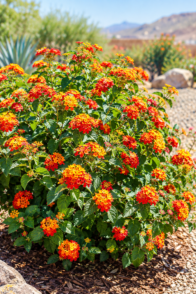 Lantana in full bloom on a hot summer day with a dry garden background
