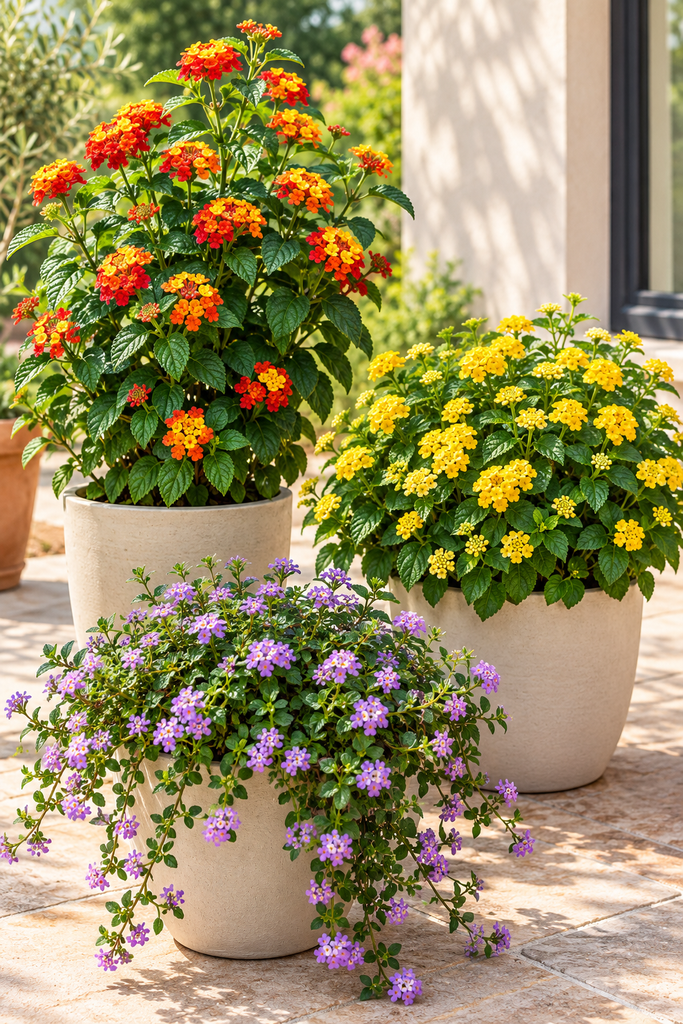 pright red-orange lantana, yellow mounding lantana, and trailing purple lantana in matching 
