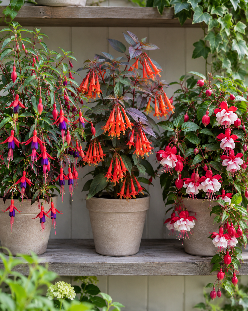 Hardy fuchsia, honeysuckle fuchsia, and trailing double fuchsia flowers shown side by side