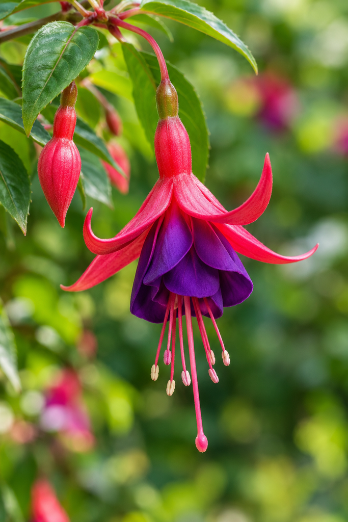 Close-up of a fuchsia flower with red sepals, purple petals, and long stamens