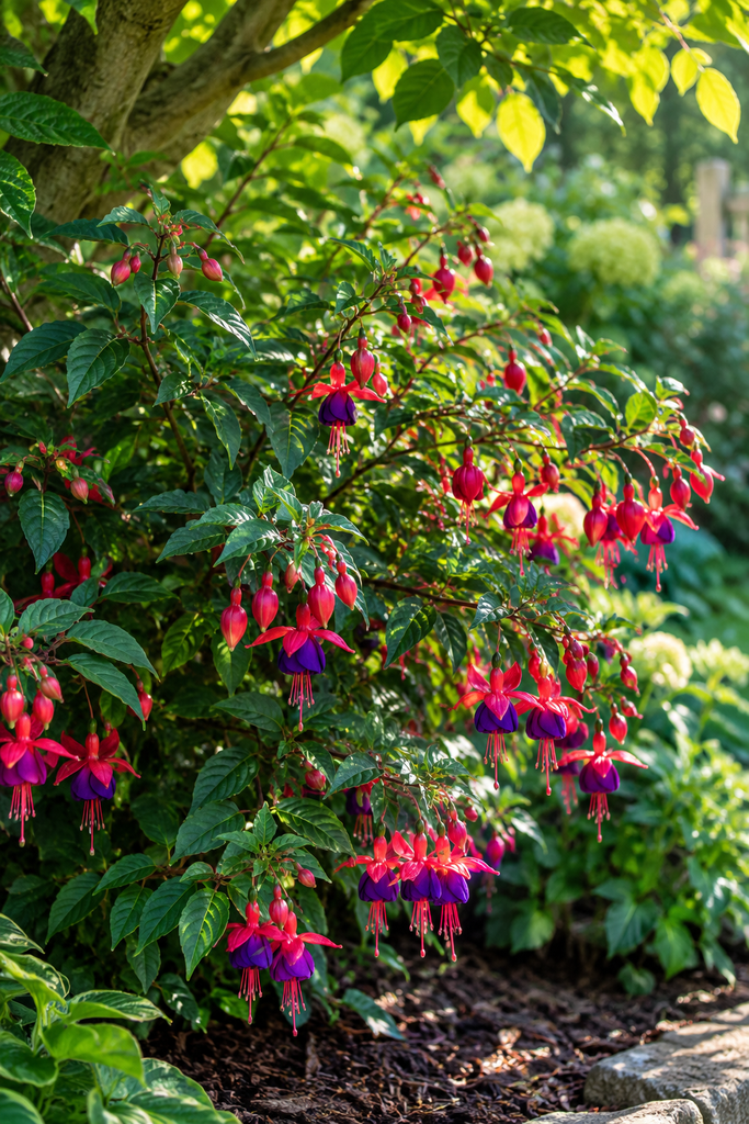 Fuchsia shrub blooming in dappled morning light under a tree