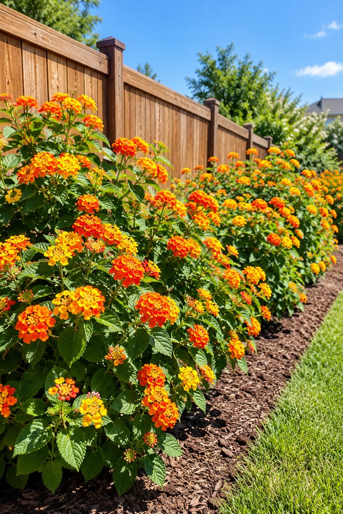 Lantana shrubs blooming in full afternoon sun along a south-facing garden bed