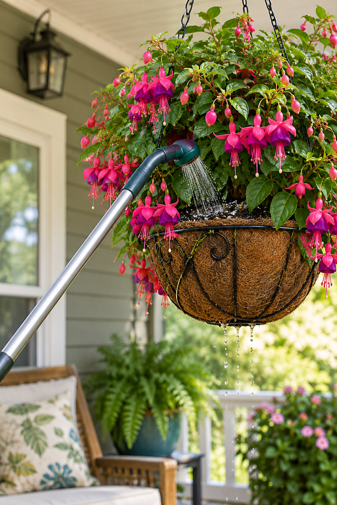 Watering wand delivering water to the soil of a hanging fuchsia basket