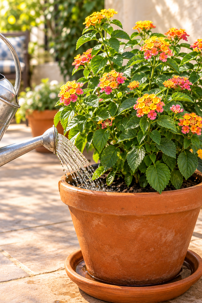 Watering can pouring water at the soil level around a potted lantana