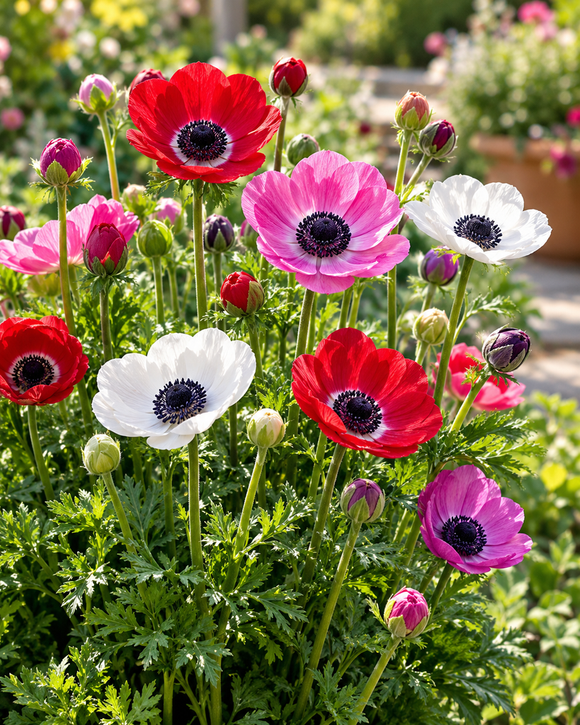 Anemone plant with closed buds and open flowers in several colors