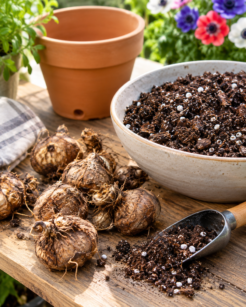 Dry anemone corms beside a bowl of crumbly, well-drained potting mix
