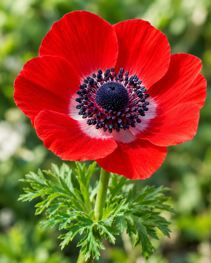 Close-up of a poppy anemone flower showing its dark center and ring of stamens