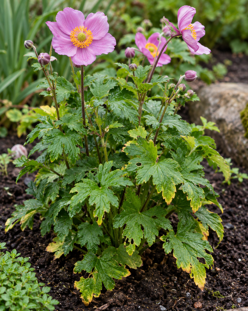 Anemone leaves with a few yellowing edges and small holes from slug feeding