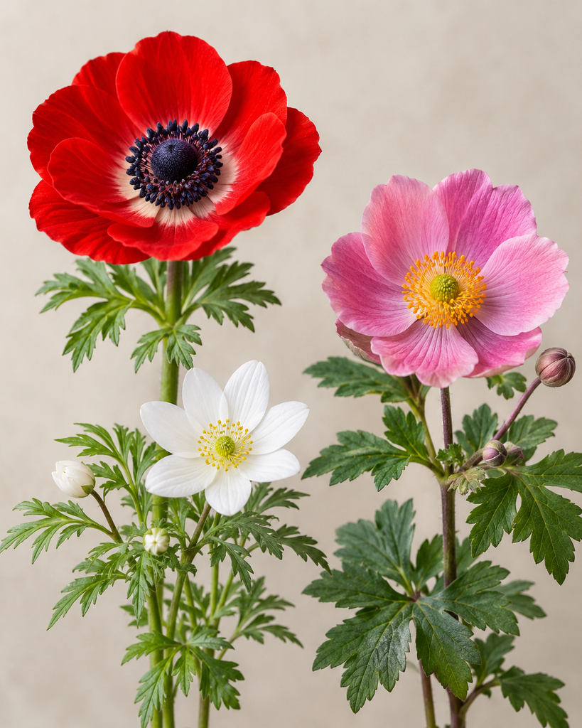 Poppy anemone, wood anemone, and Japanese anemone flowers arranged side by side