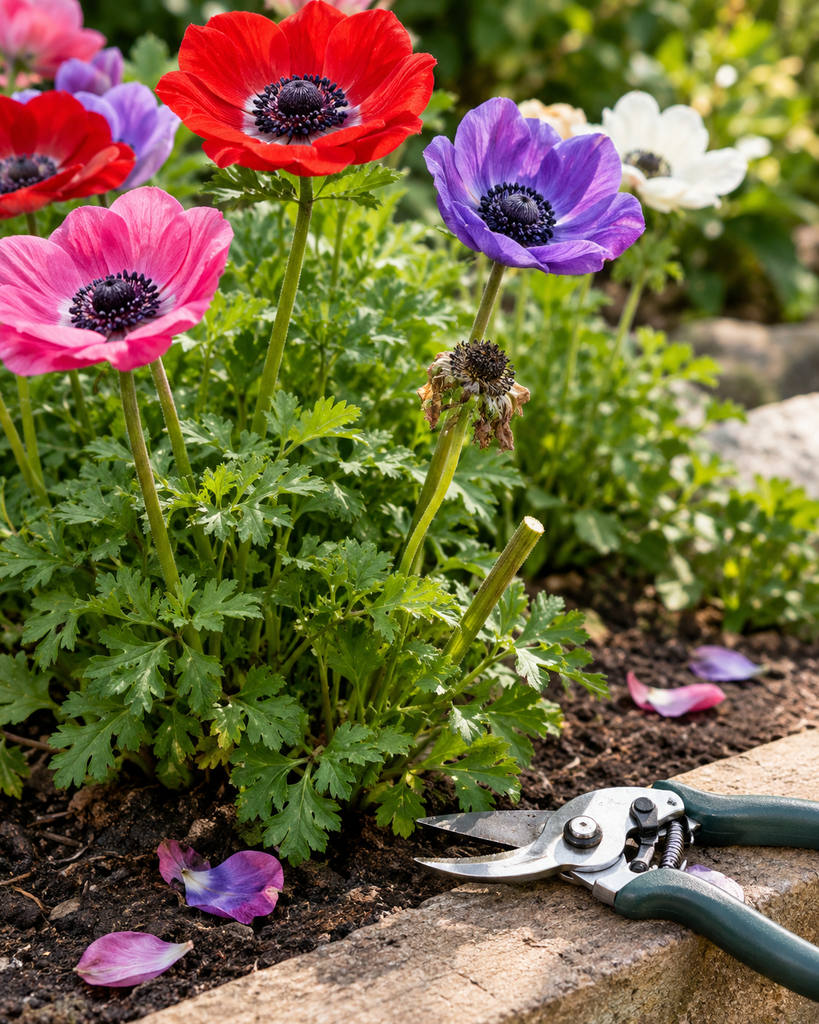 Clean pruning snips resting beside a poppy anemone with a spent flower stem trimmed