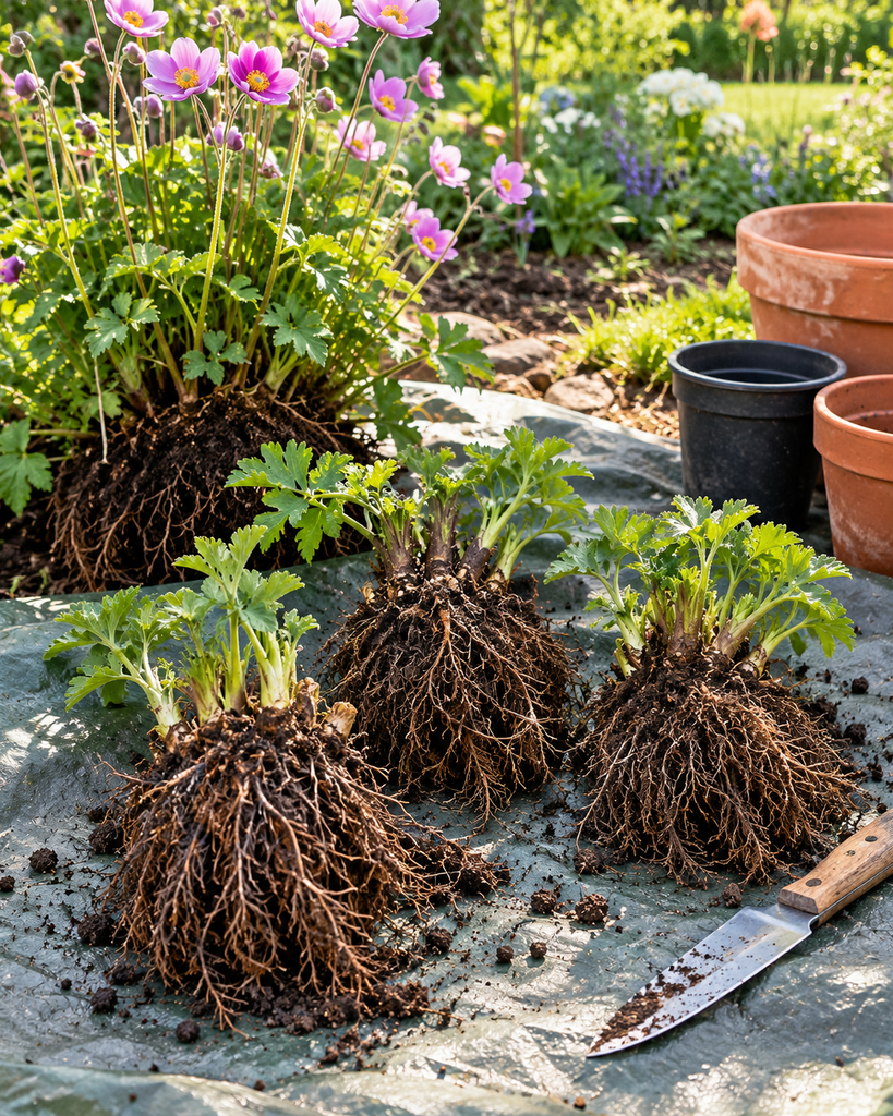 Japanese anemone clump lifted from the soil and divided into sections with roots