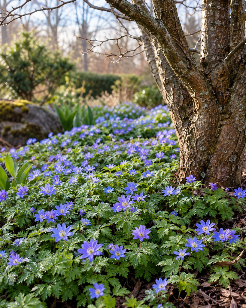 Blue Grecian windflowers blooming in cool early spring light beneath a tree