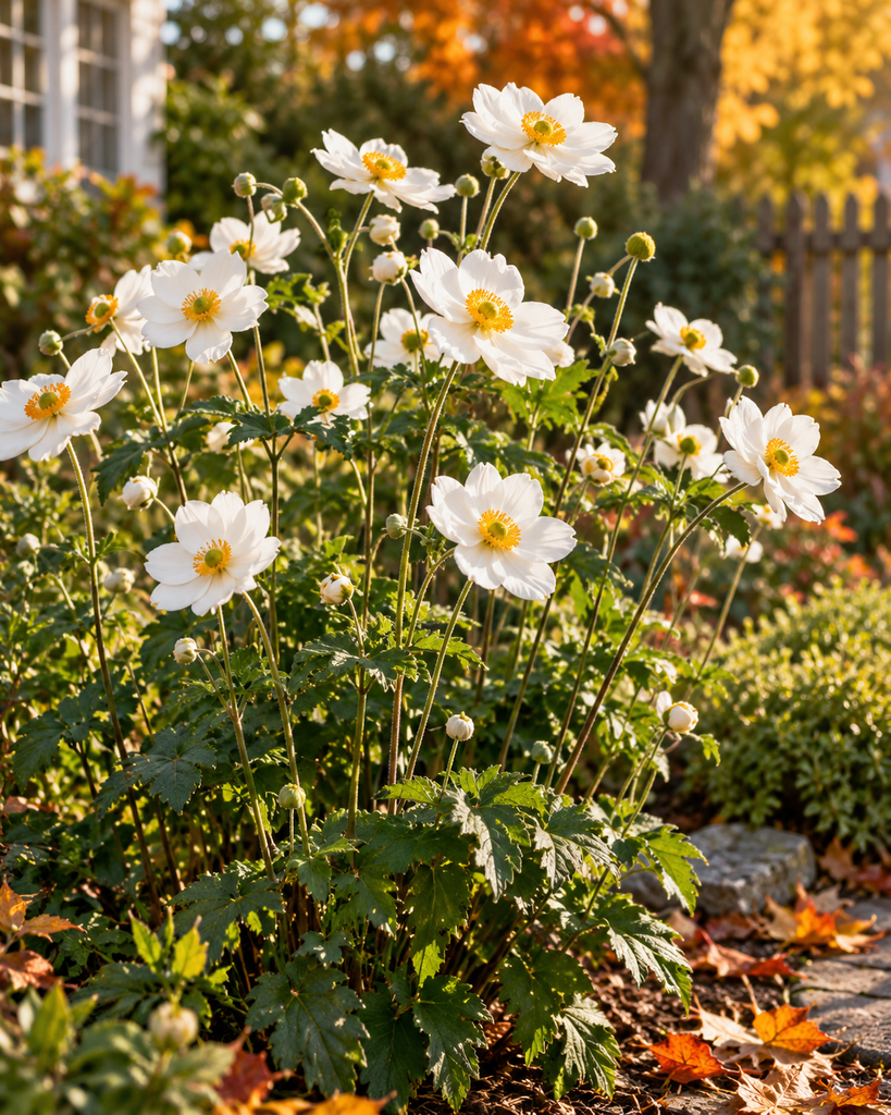 White Japanese anemones blooming in an autumn garden with fallen leaves nearby