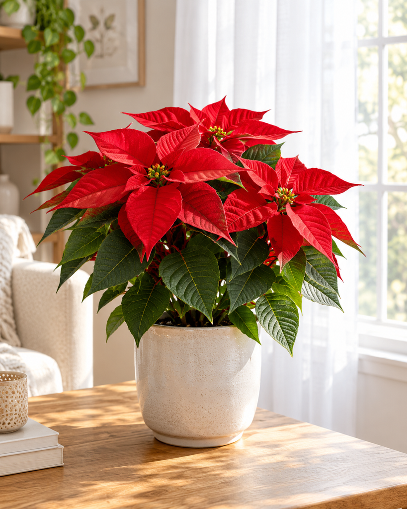 Poinsettia placed near a bright window with sheer curtain for indirect light