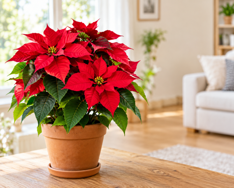 Healthy red poinsettia plant in a terracotta pot in a bright living room