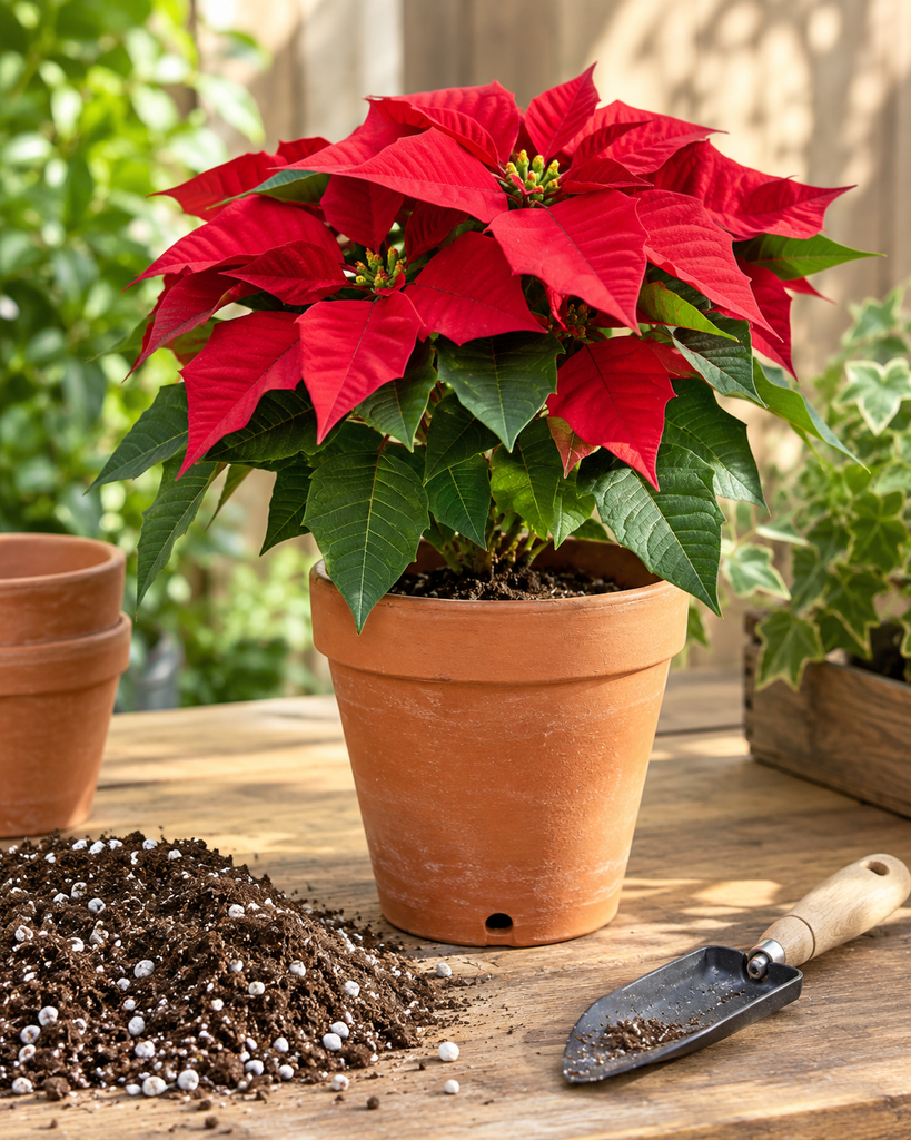 Poinsettia in a clay pot beside light, well-draining potting mix with perlite
