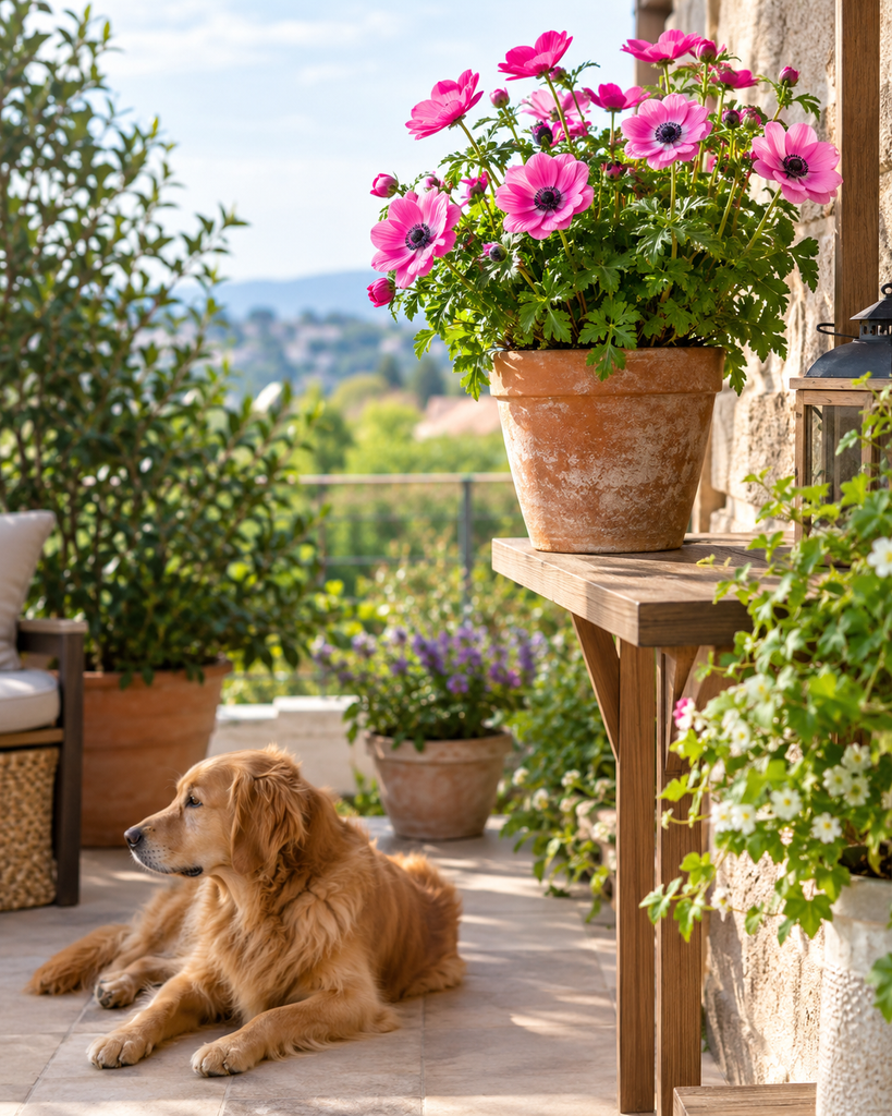 Potted anemone on a high patio shelf above a dog resting on the ground