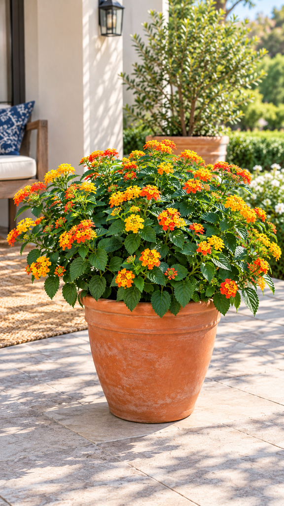 Potted lantana with yellow and orange flowers on a sunny patio
