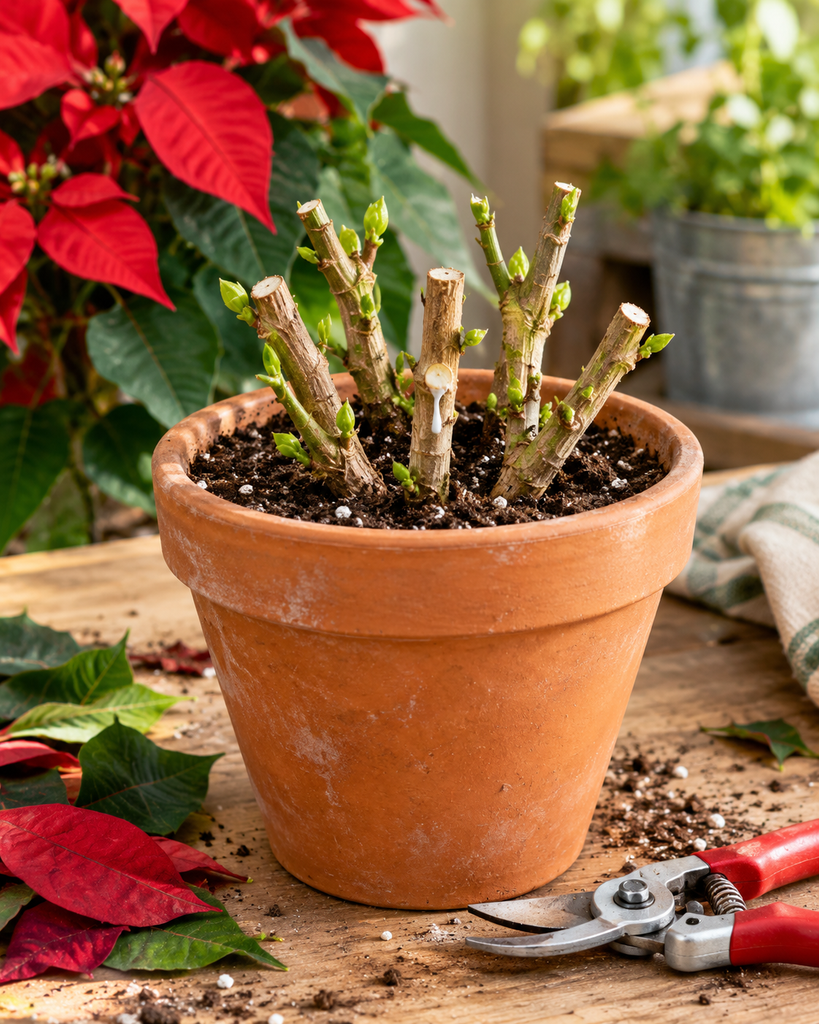 Poinsettia pruned back to short stems with pruning shears beside the pot