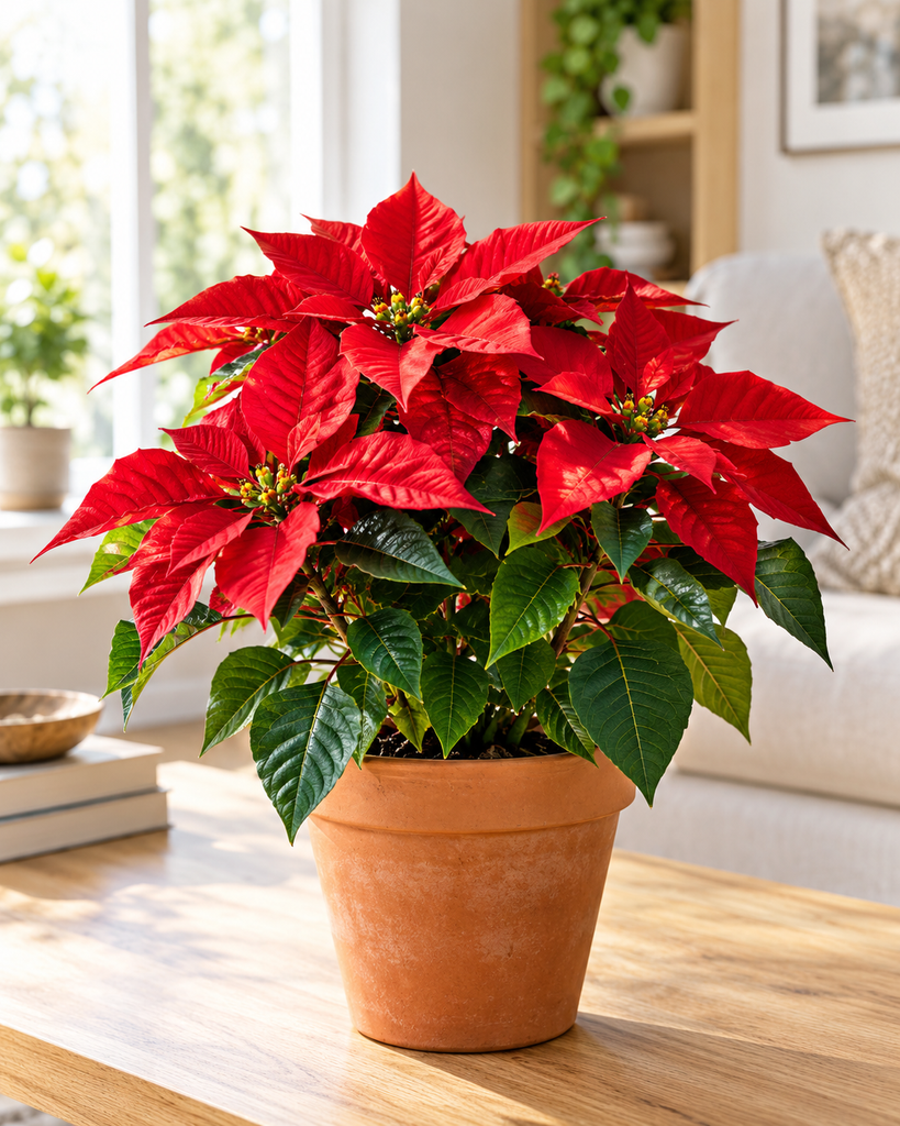 Healthy red poinsettia plant in a terracotta pot on a table in a bright living room