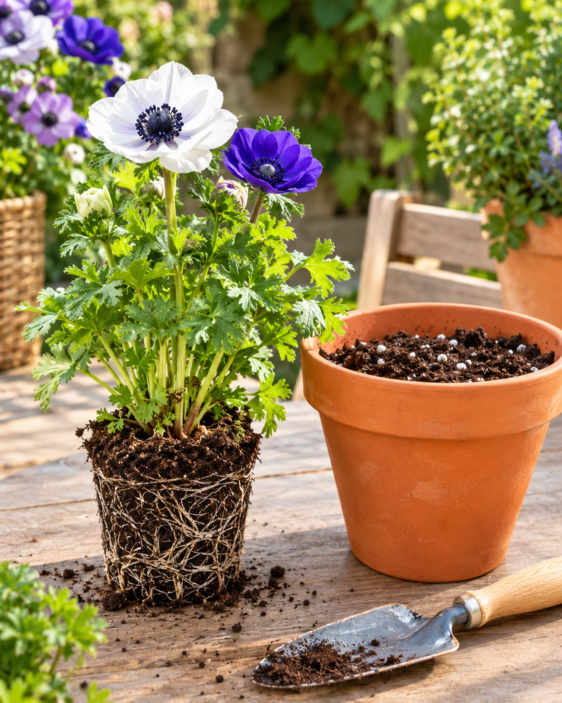 Young anemone plant being moved into a larger terracotta pot with fresh potting mix