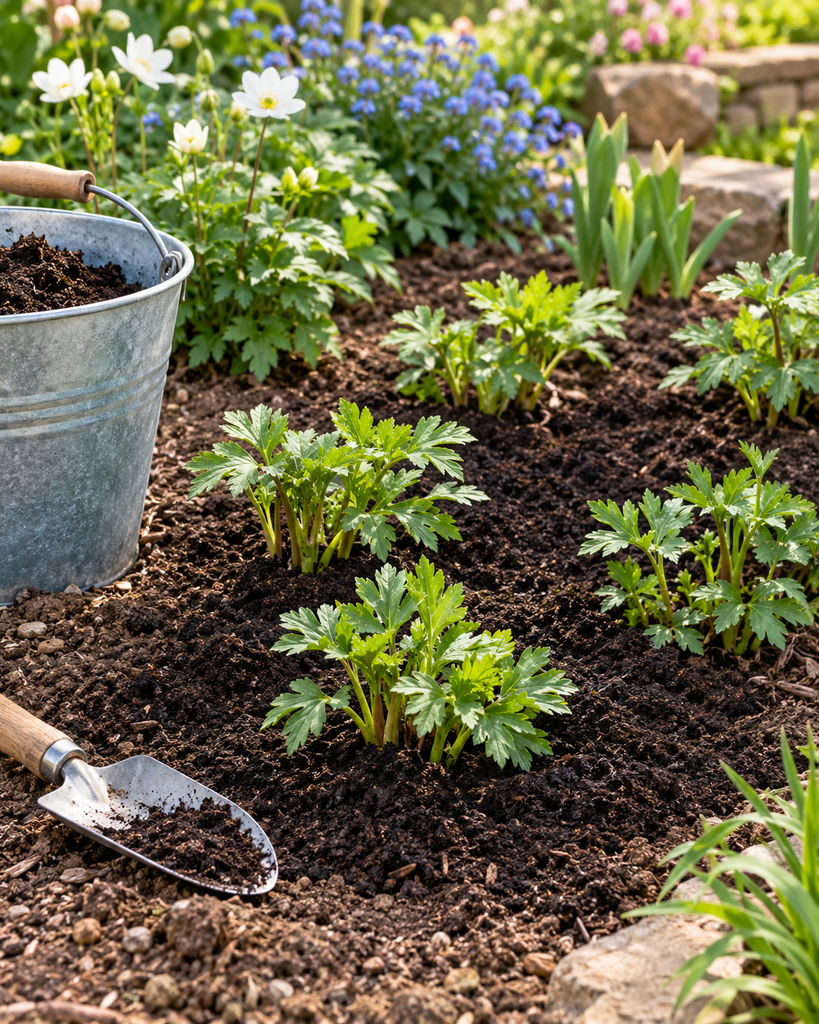 Compost spread around emerging anemone foliage in a spring garden bed
