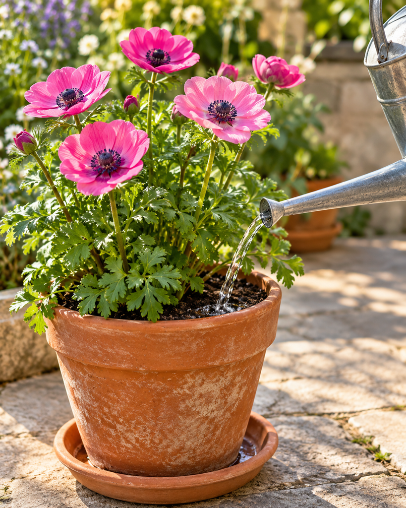 Narrow-spout watering can pouring water at the base of a potted anemone